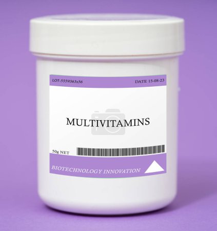 Photo for Container of multivitamins. Multivitamins are supplements containing a combination of vitamins and minerals to support overall health and wellbeing. - Royalty Free Image