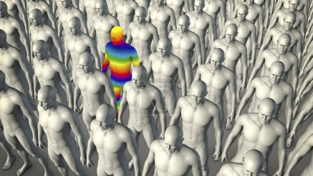 Téléchargez les photos : Illustration de clones de personnes identiques avec une personne surlignée de couleurs arc-en-ciel, symbolisant l'inclusivité LGBT. - en image libre de droit