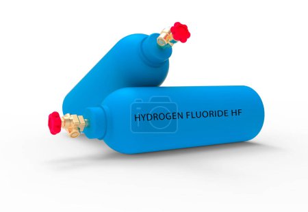 Photo for Canister of hydrogen fluoride gas. Hydrogen fluoride is a colourless gas that is used in the production of various chemicals, such as aluminium fluoride and uranium hexafluoride. - Royalty Free Image