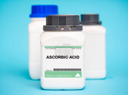 Container of ascorbic acid. Ascorbic acid, also known as vitamin C, is an antioxidant commonly used in fruit juices, jams, and other processed foods. It is typically used in a powdered or granular form.
