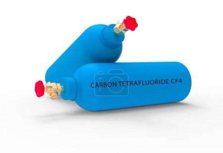 Kanister mit Tetrachlorgas. Kohlenstofftetrafluorid ist ein farb- und geruchloses Gas, das in verschiedenen Branchen als Kältemittel und als elektrischer Isolator eingesetzt wird..