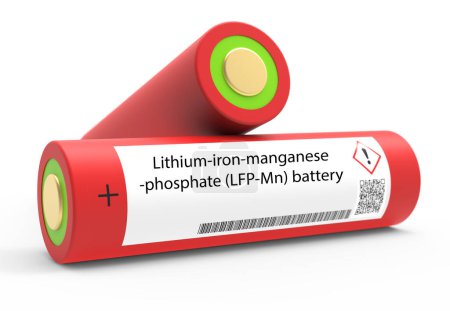 Foto de Batería de litio-manganeso-hierro-fosfato (LMFP). Las baterías LMFP son recargables y se utilizan en aplicaciones que requieren una larga vida útil y altos estándares de seguridad, como vehículos eléctricos y sistemas de almacenamiento de energía.. - Imagen libre de derechos
