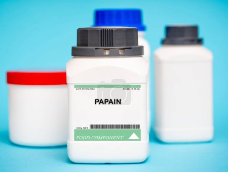Container of papain. Papain is an enzyme derived from papaya that is used as a meat tenderizer and in the production of some dietary supplements. It is typically used in a powdered form.