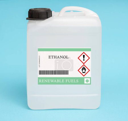 Photo for Canister of ethanol, a renewable fuel made from the fermentation of sugars and starches, typically derived from corn or sugarcane. It is commonly used as a gasoline additive or blended with gasoline to increase its octane rating. - Royalty Free Image