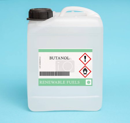 Photo for Canister of butanol. A four-carbon alcohol that can be produced from biomass or fossil fuels. It has a higher energy content than ethanol and can be used as a fuel or fuel additive. - Royalty Free Image