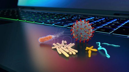 various pathogens on laptop, 3d illustration.