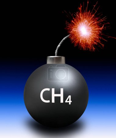 Bombe au méthane, illustration conceptuelle. Le méthane (CH4) est un gaz à effet de serre qui contribue au réchauffement climatique.