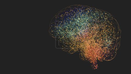 Menschliches Gehirn mit Linien und glühenden Punkten, 3D-Illustration.