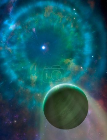 Téléchargez les photos : Oeuvre d'une nébuleuse planétaire imaginaire. Il s'agit d'une coquille lumineuse de gaz rejetée par une étoile vers la fin de sa vie. L'étoile est visible au centre de la nébuleuse. Le Soleil formera un jour une nébuleuse planétaire, une fois son stock interne d'hydrogène - en image libre de droit