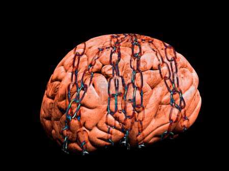 Conceptual illustration depicting a human brain in chains. 