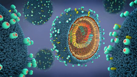 Influenza virus particles, 3d illustration.