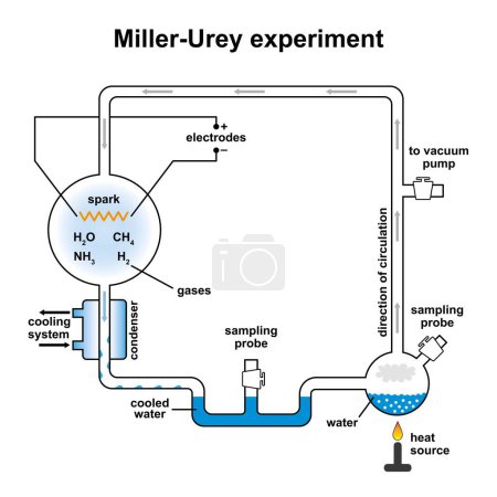 Conception scientifique de l'expérience Miller-Urey, illustration.