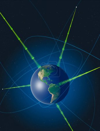 Téléchargez les photos : Énergie solaire spatiale. Illustration de satellites récoltant l'énergie de la lumière du soleil et la transmettant à la Terre, peut-être par micro-ondes. - en image libre de droit