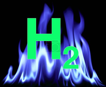 Foto de Hidrógeno combustible, ilustración conceptual. La imagen muestra el símbolo químico del hidrógeno (H2) dentro de las llamas. - Imagen libre de derechos