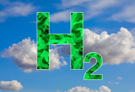 Foto de Ilustración conceptual que representa la energía limpia. La imagen muestra el símbolo químico del hidrógeno (H2) en las nubes. - Imagen libre de derechos