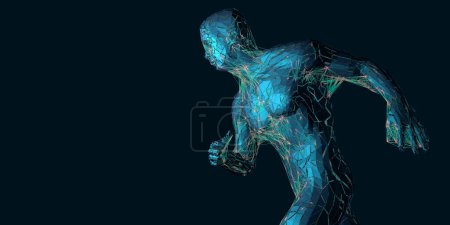 Transparenter menschlicher Körper in Bewegung mit inneren Verbindungen zur Illustration von Bewegungsimpulsen und Nervenbahnen - 3D-Illustration