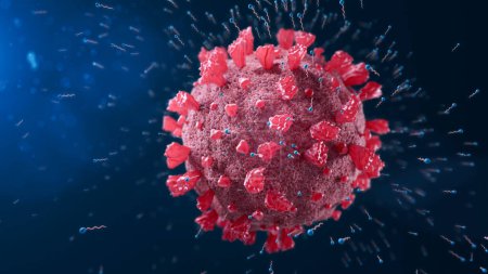 Foto de Coronavirus rodeado de moléculas de jabón, ilustración conceptual. Las moléculas de jabón tienen una cabeza hidrofílica (amante del agua) y una cola hidrofóbica (amante de la grasa) - Imagen libre de derechos