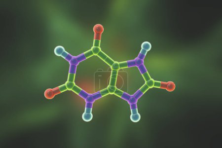 Foto de Ilustración de la estructura molecular del ácido úrico, un compuesto con importancia clínica ligado a la gota y a los trastornos metabólicos. - Imagen libre de derechos