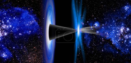 Foto de Ilustración conceptual que representa la materia en transición de un agujero negro a un agujero blanco. Los agujeros negros son regiones en el espacio-tiempo donde la fuerza gravitacional es tan fuerte que incluso la luz no puede escapar. - Imagen libre de derechos