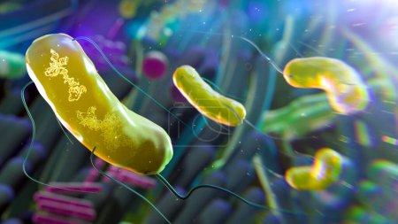 Photo for Illustration of RNA (ribonucleic acid) obelisks in human gut bacteria. RNA obelisks are viroid-like fragments of RNA that have been found replicating in bacteria in the human mouth and gut. - Royalty Free Image