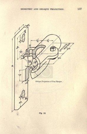 Oblique projection of a post hanger, illustration. From 'Mechanical drafting' by Henry Willard Miller, Illinois University (1917).