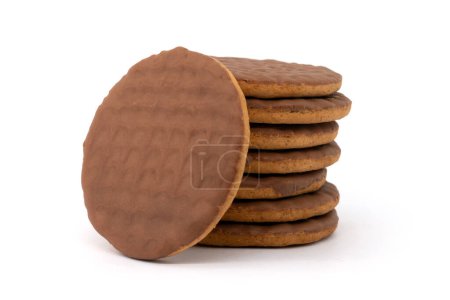 Chocolate coated biscuit isolated on white background. Selective focus.