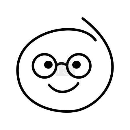 Black and white drawing of an ordinary emoticon, smiley bespectacled man wearing round glasses with open eyes smiling.