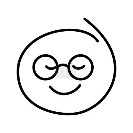 Black and white drawn calm, dream emoji bespectacled with round glasses and closed eyes smiles. Close your eyes in pleasure.