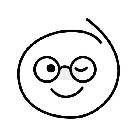 Black and white drawn winking emoticon smiling, smiley bespectacled man wearing round glasses
