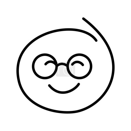 Schwarz-weiße Zeichnung eines verlegenen, zufriedenen, schüchternen Emoticons mit einem Smiley, der eine runde Brille trägt und mit geschlossenen Augen lächelt. Schließen Sie vor Verlegenheit die Augen.