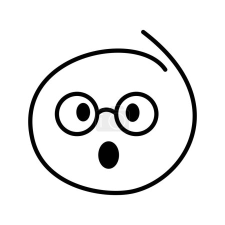 Black and white drawn surprised emoji with eyes wide open and mouth wide open.Smiley bespectacled man wearing round glasses.