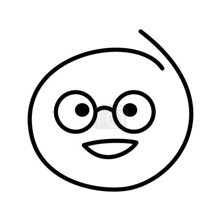 Schwarz-weiße Zeichnung eines lachenden gutmütigen Emoticons mit offenen Augen. Smiley bebrillter Mann mit runder Brille.