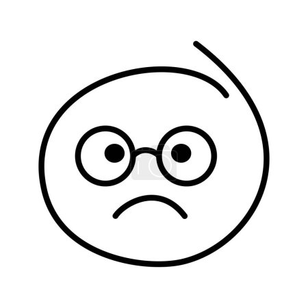 A black and white drawing of an ordinary emoticon with open eyes is sad, offended. Smiley bespectacled man wearing round glasses