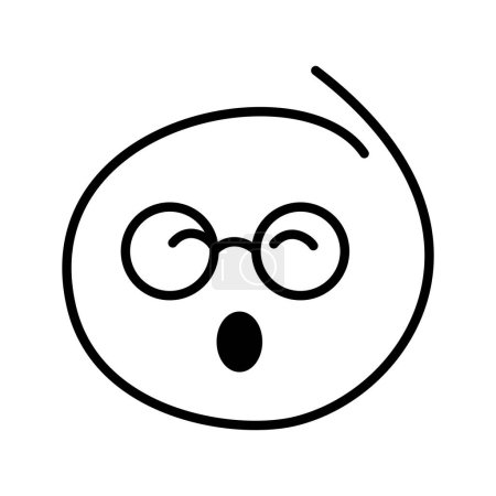 Black and white hand drawn sleepy emoji yawns with closed eyes and wide open mouth. Smiley bespectacled man wearing round glasses.