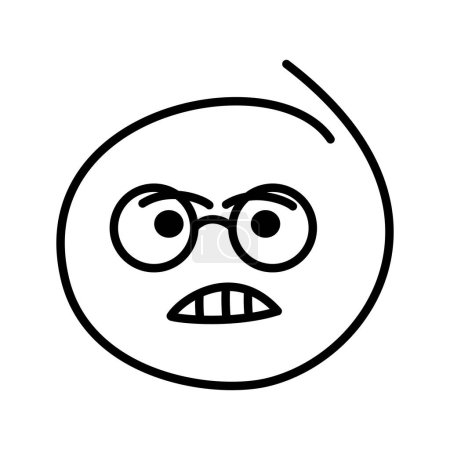 Black and white drawing of an angry emoticon, smiley bespectacled man wearing round glasses with open eyes, eyebrows and an open toothy mouth.