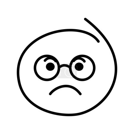 Un dibujo en blanco y negro de un emoticono ordinario con los ojos cerrados es triste, ofendido. Smiley hombre de anteojos con gafas redondas