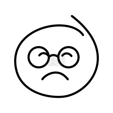 A black and white drawing of an ordinary emoticon with closed eyes is sad, offended. Smiley bespectacled man wearing round glasses