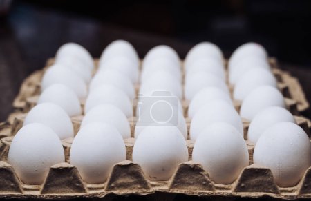 Photo for A captivating arrangement of a carton filled with pristine white eggs, evoking a sense of new beginnings and natural beauty. - Royalty Free Image