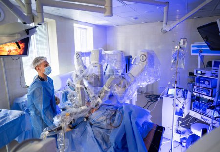 Innovative operating technologies. Modern futuristic robot surgery process.