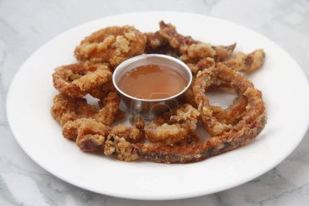 Photo for Photo of freshly cooked Calamares or crispy deep fried squid rings. - Royalty Free Image