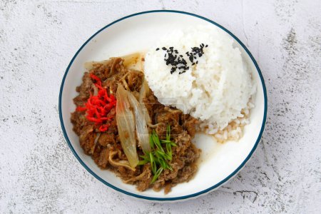 Foto von frisch gekochtem Rindfleisch Gyudon mit Reis.