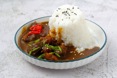 Foto von frisch gekochtem Rindfleisch-Curry mit Reis.