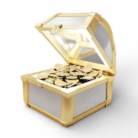 Foto de Pecho abierto de oro y plata con monedas de oro aisladas sobre fondo blanco. Ilustración 3D. Archivo con ruta de recorte. - Imagen libre de derechos