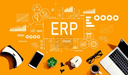 Photo for ERP - Enterprise resource planning theme with electronic gadgets and office supplies - flat lay - Royalty Free Image