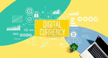 Téléchargez les photos : Thème de la monnaie numérique avec un ordinateur portable sur fond jaune, vert et bleu - en image libre de droit