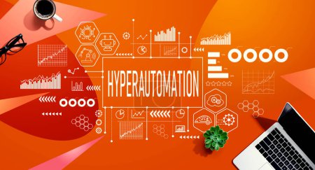 Hyperautomation theme with a laptop computer on a orange pattern background