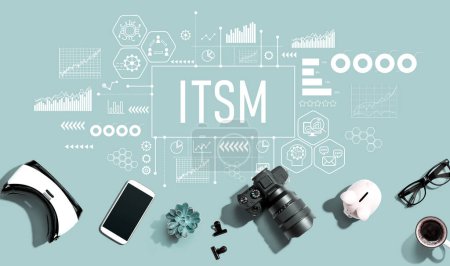 Photo for ITSM - Information Technology Service Management theme with electronic gadgets and office supplies - flat lay - Royalty Free Image