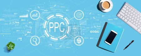 PPC - Pay-per-Click-Konzept mit Computertastatur und Büroartikeln