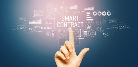 Téléchargez les photos : Smart contract theme with hand pressing a button on a technology screen - en image libre de droit