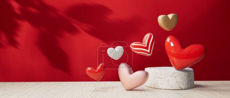 Téléchargez les photos : Coeurs avec un podium - Appréciation et thème de l'amour - rendu 3D - en image libre de droit